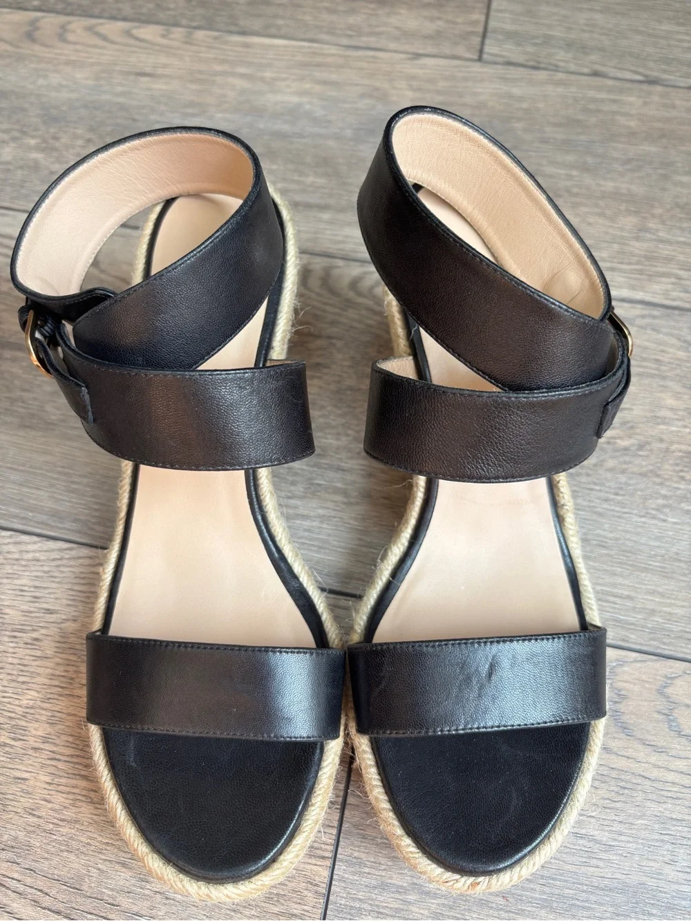 Stuart Weitzman Lexia Espadrille Leather Ankle Strap Black Wedge Sandal Sz 8